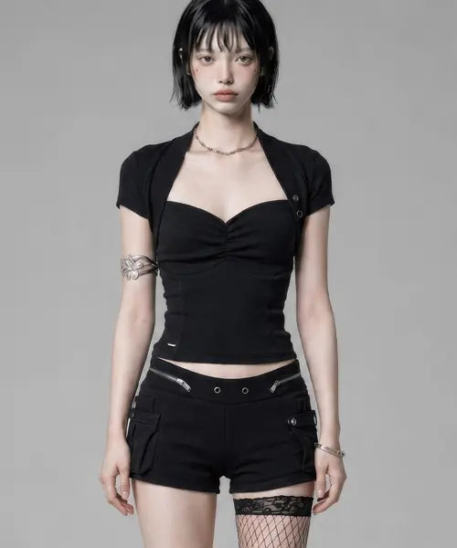 [ETRE AU SOMMET] Shirring Eyelet Bolero Top (Black)