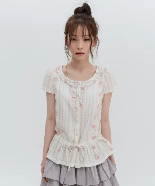 [HIGH SCHOOL DISCO] Frill Neck Puff Sleeve Blouse / 프릴넥 퍼프소매 블라우스