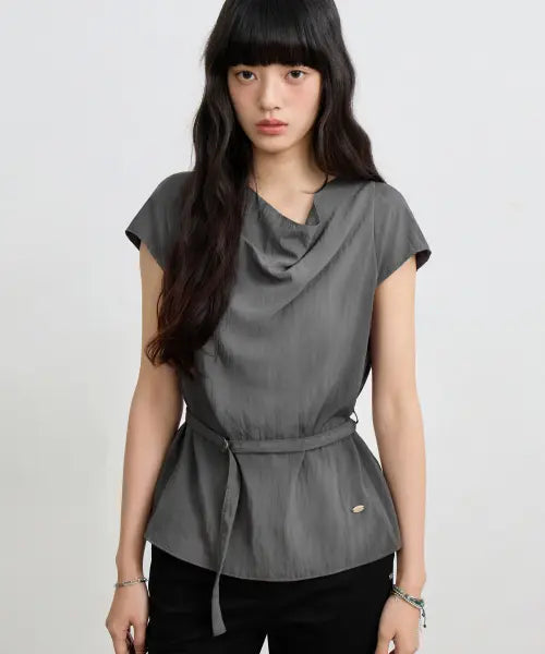 [EUGGEN] COWL NECK DRAPED BELTED BLOUSE_CHARCOAL GRAY / 카울넥 드레이프 벨티드 블라우스_차콜 그레이