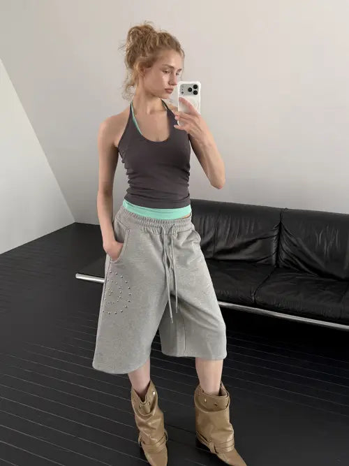 [ASURA] STUD JERSEY BERMUDA PANTS (MELANGE GREY)