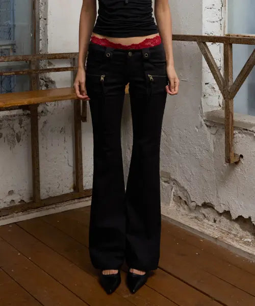 [EYEER] Low Rise Zip Pocket Boots-Cut Pants - Black