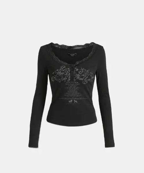 [BADBLOOD] DO YOU WANT IT Lace Henley Long Sleeve - Black / DO YOU WANT IT 레이스 헨리넥 롱슬리브 - 블랙