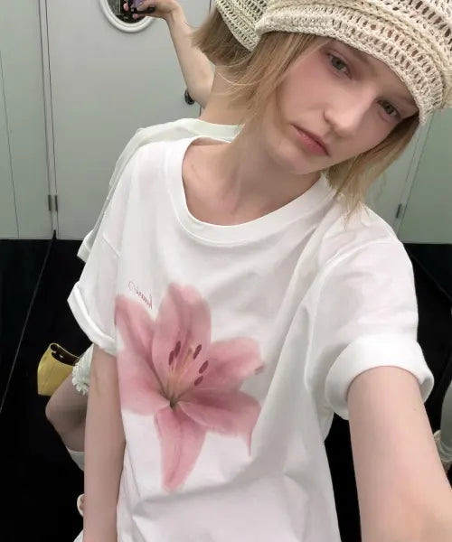 [HEEARI] Flower Printed Oversized T-Shirt / 플라워 프린팅 오버사이즈 티셔츠_핑크플라워