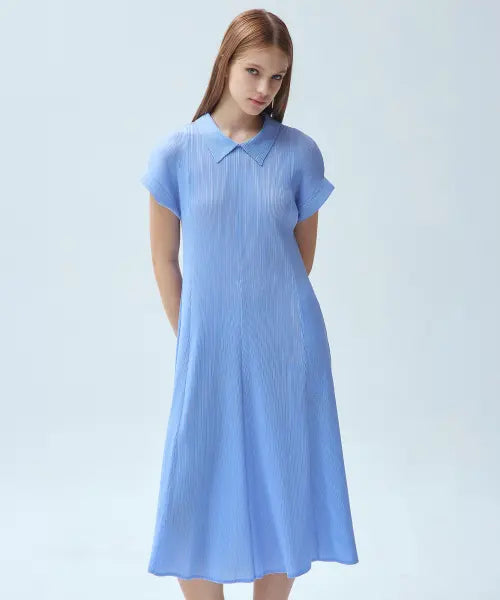 [YOYOYOY] Mini Collar Short Sleeve Pleated Long Dress / 미니 칼라 반소매 플리츠 롱 원피스_2colors