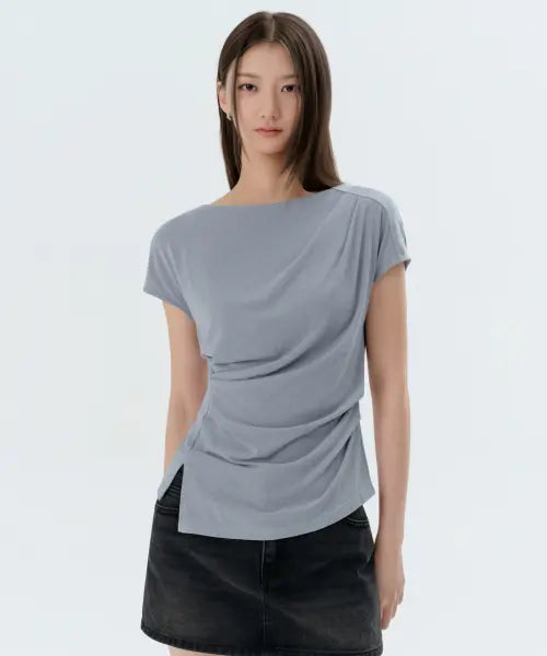 [MUSINSA STANDARD WOMAN] Women's Drape Boat Neck T-Shirt [Grayish Blue] / 우먼즈 드레이프 보트 넥 티셔츠 [그레이쉬 블루]
