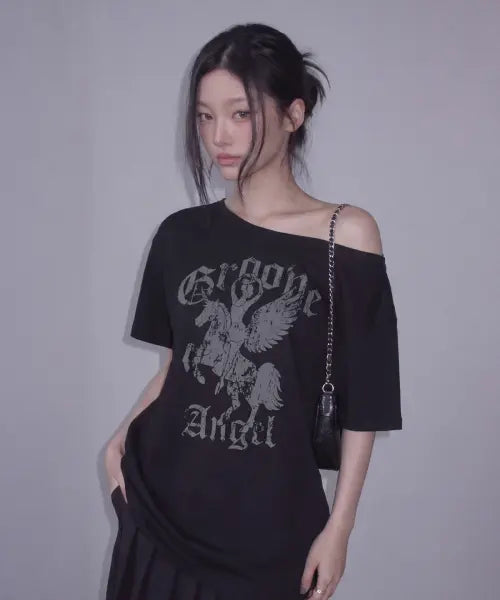 [DAUSPICE] (DUC) GA One-Shoulder T-Shirt Black