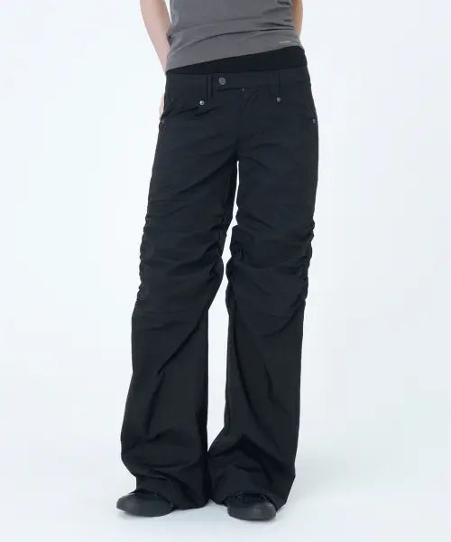 [MISEKI SEOUL] Ribbed layered shirring pants BLACK