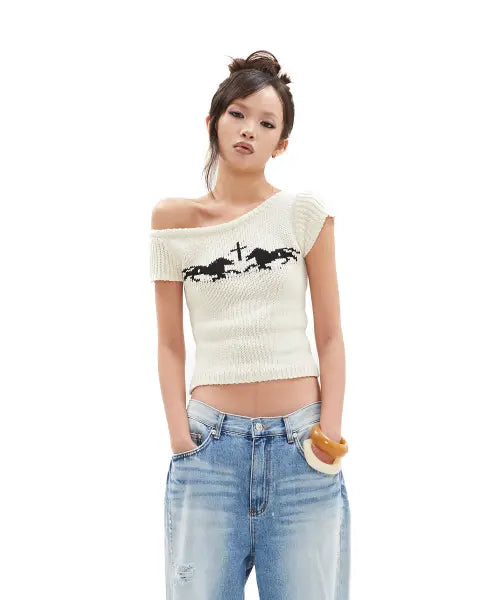 [HILLDA] Arcanic One-Shoulder Knit Top [Oatmeal] / 아르카닉 원숄더 니트 탑 [오트밀]