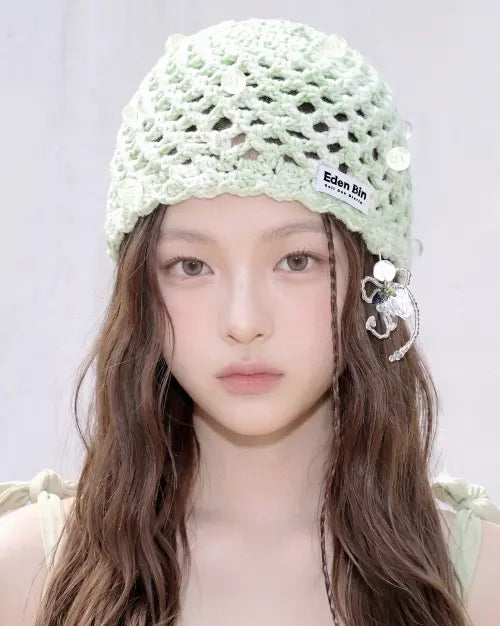 [Eden Bin] Shine Muscat Beadwork Charm Crochet Beanie Green / 샤인머스캣 비즈워크 참 크로셰 비니 모자 그린