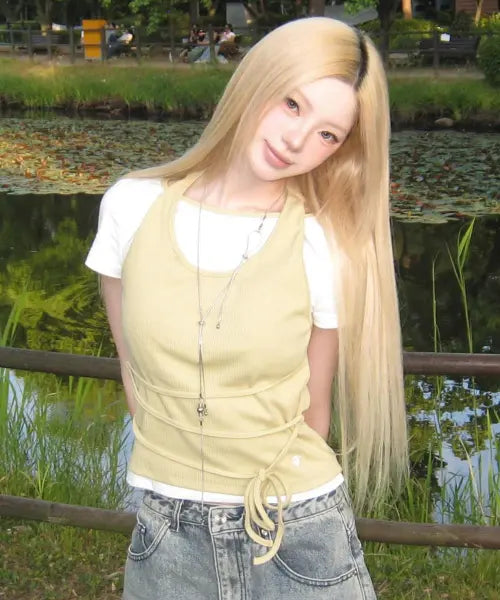 [SECONDSALT] STRAP RIBBED HALTER TEE (YUJA SALT) / 스트랩 레이어드 골지 홀터넥 티셔츠 (유자솔트)