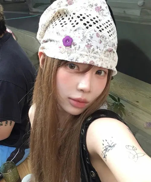 [KIIBI] floral button beanie ivory