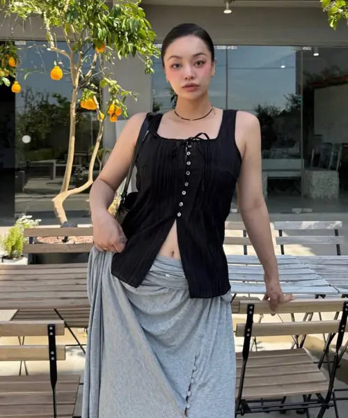 [LONDONDADA] Wrinkle Tie Sleeveless Blouse, BLACK