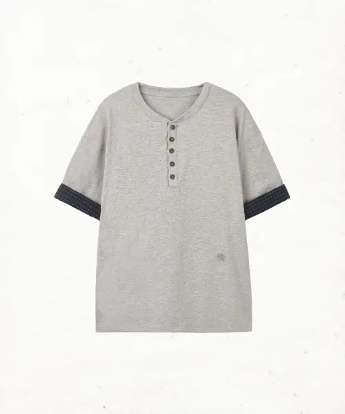 [DANDEL] DD check roll-up henley neck tee (GREY)