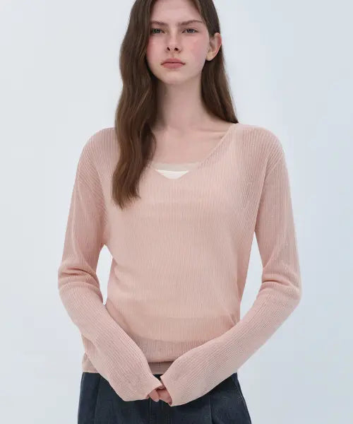 [MUSINSA STANDARD WOMAN] Women's Linen Blend Ribbed V-Neck Sheer Knit [Indian Pink] / 우먼즈 린넨 블렌드 리브드 브이 넥 시어 니트 [인디언 핑크]
