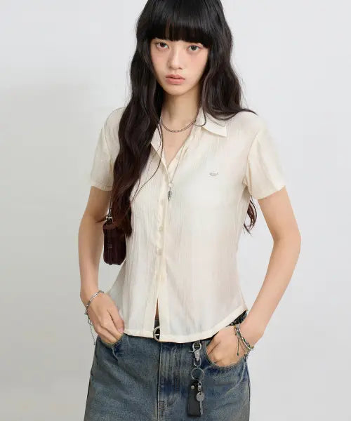 [EUGGEN] WRINKLE SHEER OPEN-COLLAR CROP SHIRT_ECRU / 링클 시어 오픈카라 크롭 셔츠_에크루