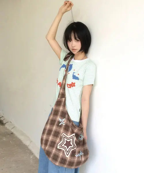 [WAIKEI] Star Check Applique Shoulder Bag BROWN / 스타 체크 아플리케 숄더백 브라운