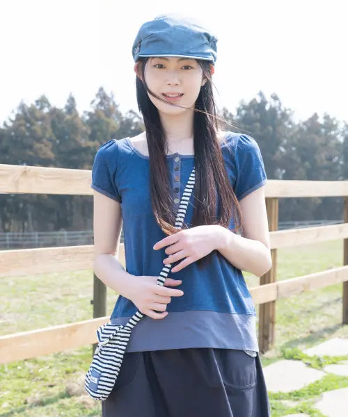 [OHESHIO] SQUARE NECK JERSEY BLOUSE, BLUE