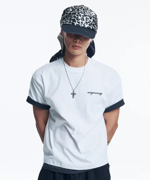 [EASY NO EASY] Layered Roll-Up Crop T-Shirt - White / 레이어드 롤업 크롭 티셔츠 - 화이트