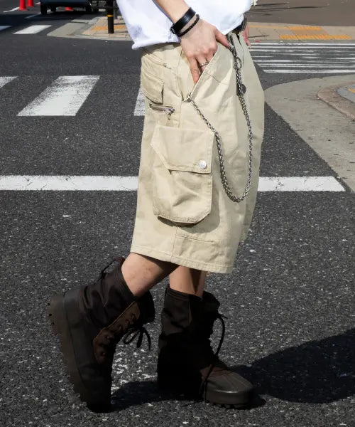 [XTONZ] XF013 Multi Cargo Pocket Bermuda Cotton Pants (Beige) / XF013 멀티 카고 포켓 버뮤다 코튼 팬츠 (BEIGE)