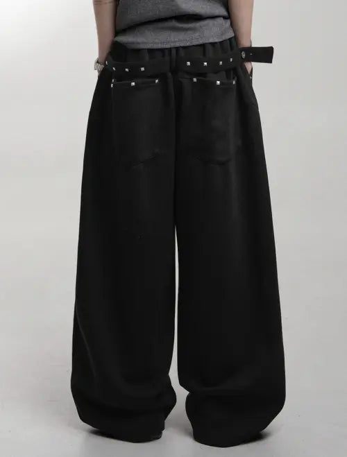 [LOOXP] Studded Belt Pocket Wide Long Pants - Black / 스터드 벨트 백포켓 와이드 롱팬츠  블랙