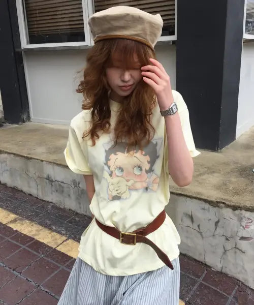 [RONRON] BETTY BOOP RIBBON BASIC FIT T SHIRT SOFT YELLOW