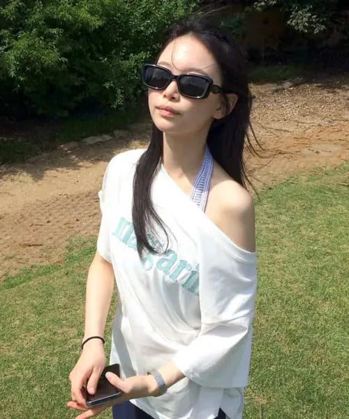 [STMG] Margarine One-Shoulder Applique Logo Short Sleeve white / 마가린 원숄더 아플리케 로고 반팔 화이트