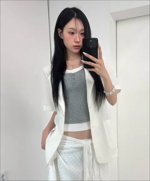 [MIXXO] Wrinkle-Free Tailored Semi Oversized Short-Sleeve Jacket / 링클프리 테일러드 세미 오버핏 반팔자켓