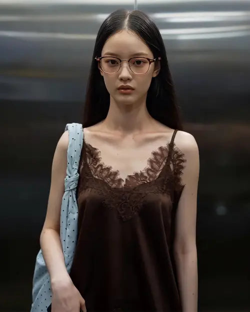[320SHOWROOM] Lace Trim Satin Slip Top Brown