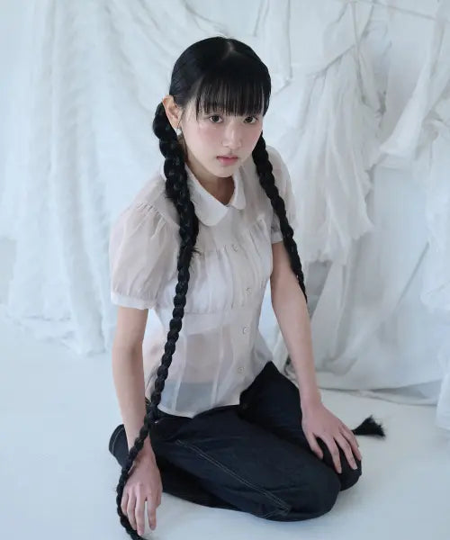 [MIRECO] SHIRRING SHEER BLOUSE ROSE BEIGE