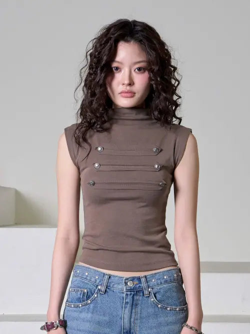 [EUCT] Napoleon Half Neck T-Shirt - KHAKI / 나폴레옹 하프넥 반팔 티셔츠 - 카키