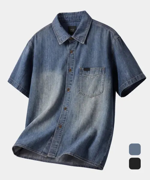 [DIMITRI BLACK] BIO WASHING CROP DENIM SHORT SLEEVE SHIRT_2 COLOR / 바이오워싱 크롭 데님 반팔 셔츠_2 COLOR