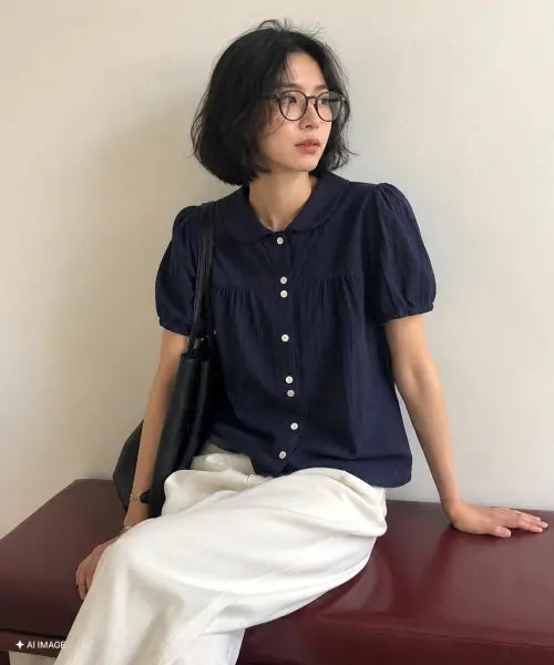 [GENERALIDEA] woman round collar puff blouse [navy] / 라운드 카라 퍼프 블라우스 [NAVY] / GF2LSH521