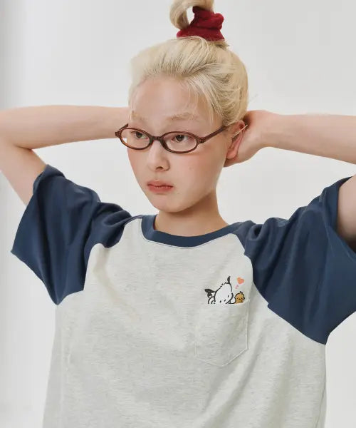 [OGGITT] Uni Pochacco Raglan T-shirt - Vintage Navy / (uni)포차코 포켓 나그랑 티셔츠 빈티지네이비