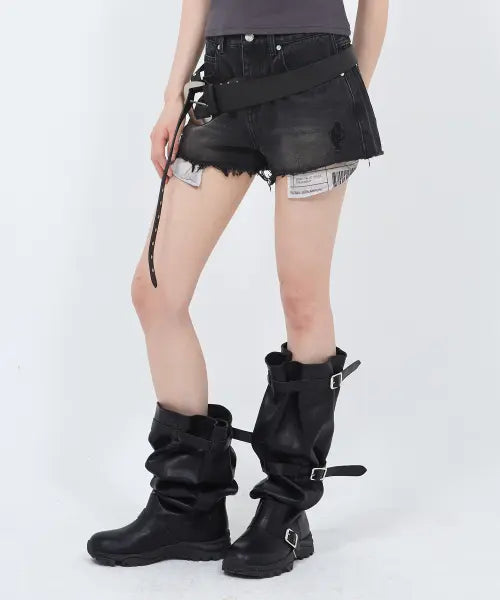 [SECONDSALT] LAYERED DAMAGED SHORTS (RAW BLACK) / 레이어드 데미지 워시드 데님 쇼츠 (로우블랙)