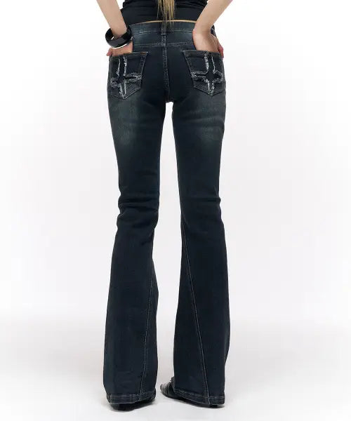 [SCHISM INDUCING] CROSS BACK FLARE JEANS DEEP BLUE