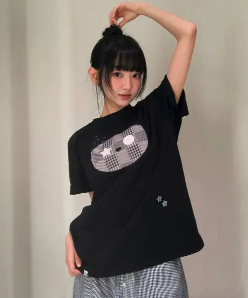 [CAVISH] CAT CHECK APPLIQUE SS TEE [BLACK] / CAT CHECK APPLIQUE SS TEE BLACK(CV2GMFT518A)