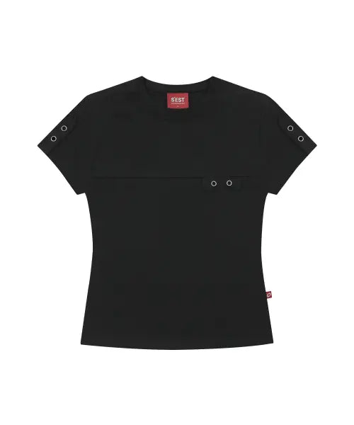 [S'EST] Eyelet Tab-Detail Slim Fit T-shirts Black