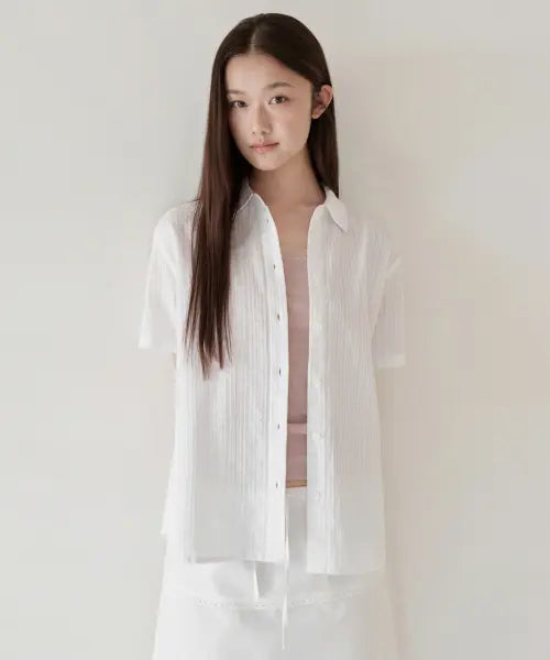 [MUSINSA STANDARD WOMAN] Women's Vertical Lace Short-Sleeve Shirt [White] / 우먼즈 버티컬 레이스 반소매 셔츠 [화이트]