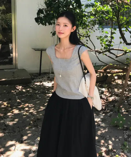 [LOOKAST] MARIE SQUARE NECK CAP SLEEVE SLIM T-SHIRT / 마리 스퀘어넥 캡슬리브 슬림 티셔츠 / MARIE SQUARE NECK CAP SLEEVE SLIM T-SHIRT_4colors
