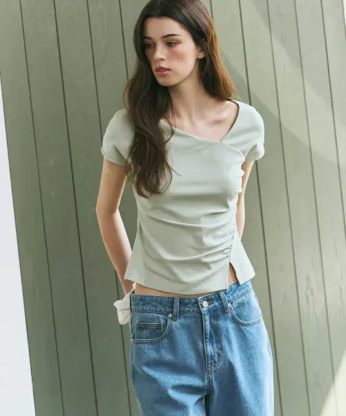 [DRAWFIT WOMEN] CURVE SHIRRING TUCK T-SHIRT [MINT] / 커브 셔링 턱 티셔츠 [MINT]
