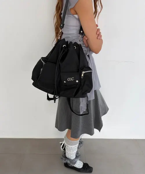 [CHICKS] Nylon Multi-Pocket Backpack Black / 나일론 멀티포켓 백팩 블랙