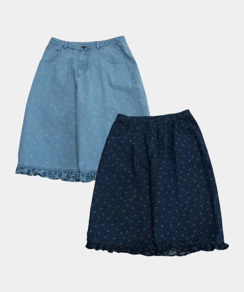 [SOME PLACE] Flower Frill Point Women's Bermuda Semi-Wide Denim Half Pants / 플라워 프릴 포인트 우먼 버뮤다 세미 와이드 데님 하프 팬츠_2COLOR