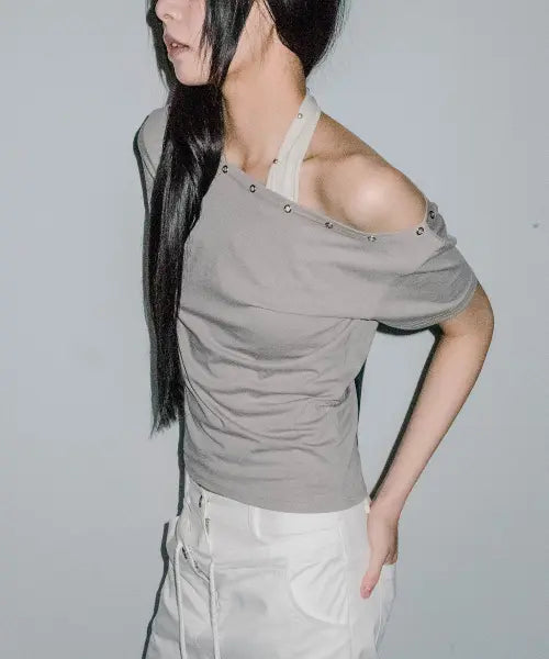 [CHICKS] Eyelet One-Shoulder Slim Short Sleeve Top - Dark Beige / 아일렛 원숄더 슬림 반팔 다크베이지