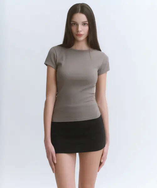 [MUSINSA STANDARD WOMAN] Women's Slim Boat Neck Cap Sleeve T-Shirt [Taupe] / 우먼즈 슬림 보트 넥 캡 슬리브 티셔츠 [토프]