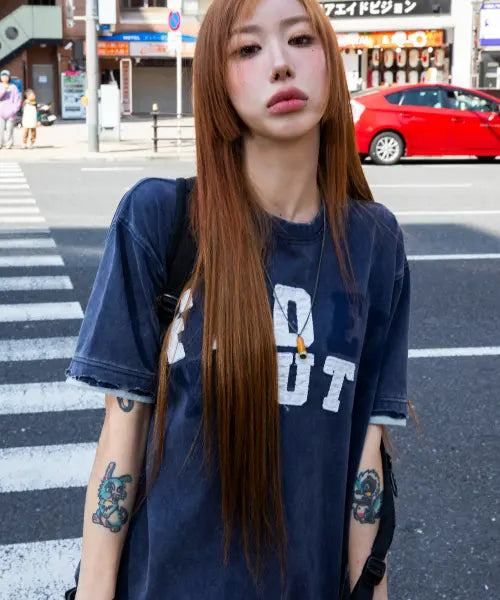 [XTONZ] XF014 Arch Applicate Damage Washing T-shirt (Navy) / XF014 아치 아플리케 데미지 워싱 티셔츠 (NAVY)