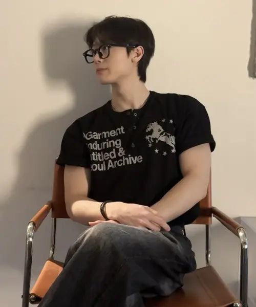 [UNTITLED SEOUL] UNICORN HERNY NECK CROP SHORT SLEEVE BLACK / 유니콘 헨리넥 크롭 반팔 블랙