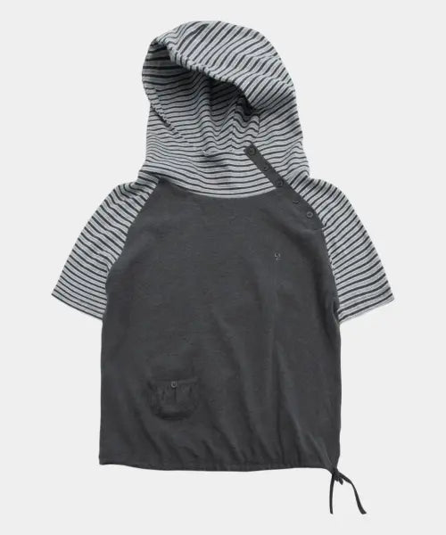 [SOME PLACE] High Neck Button-Up Striped Asymmetrical Shirring Pocket Strap Hooded Short Sleeve T-Shirt [Charcoal] / 하이넥 버튼업 스트라이프 언발 셔링 포켓 스트랩 후드 반팔 티셔츠 [차콜]