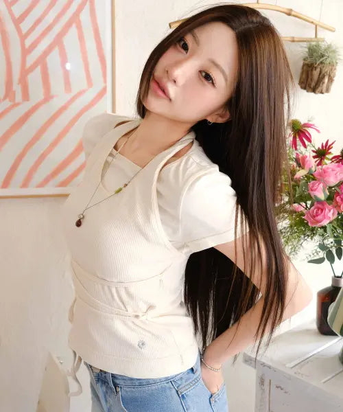 [SECONDSALT] STRAP RIBBED HALTER TEE / 스트랩 레이어드 골지 홀터넥 티셔츠 (게랑드솔트)