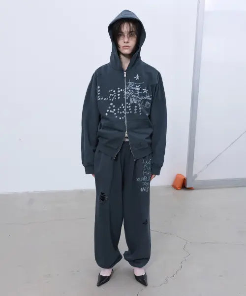 [LCDC™] PRINTED HOOD ZIP-UP (GREY)