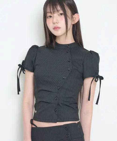 [ILLIGO] CHINA BUTTON COLLAR TOP BLACK STRIPE / 차이나 버튼 카라 탑 블랙 스트라이프